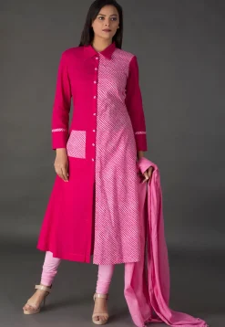 Leheriya Printed Cotton A Line Suit in Fuchsia and Pink