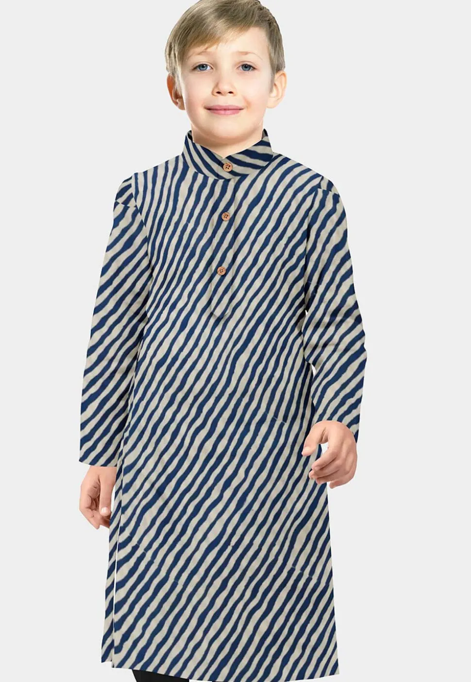 Leheriya Printed Cotton Kurta in White and Blue