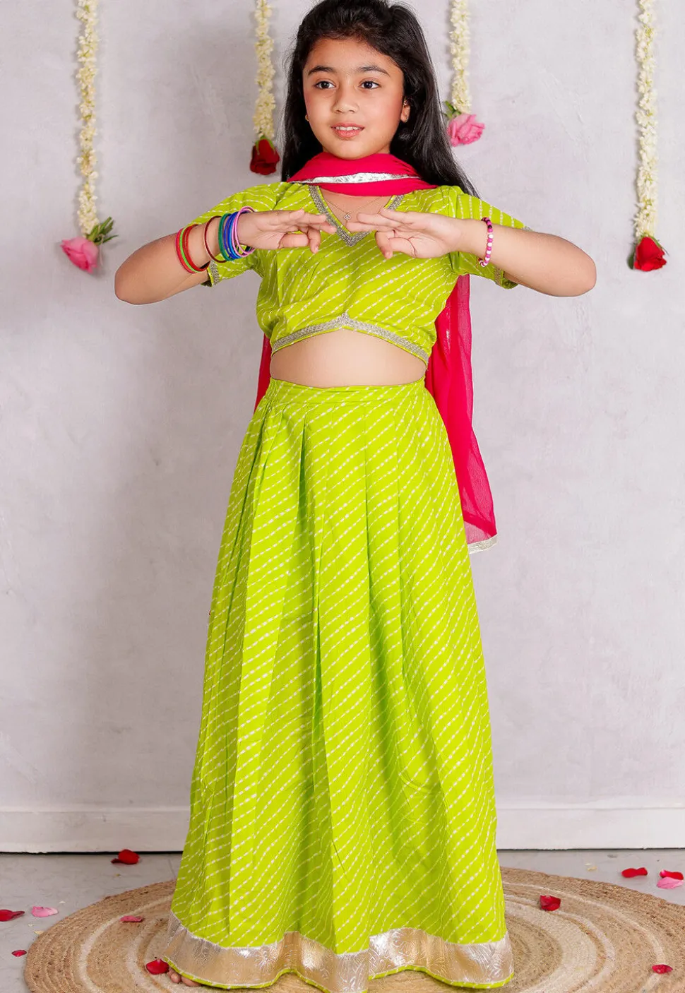 Leheriya Printed Cotton Lehenga in Light Green