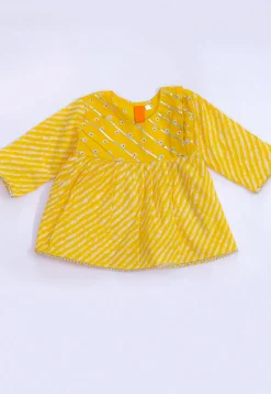 Leheriya Printed Cotton Lurex A Line Kurta Set in Yellow