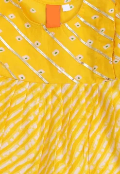 Leheriya Printed Cotton Lurex A Line Kurta Set in Yellow