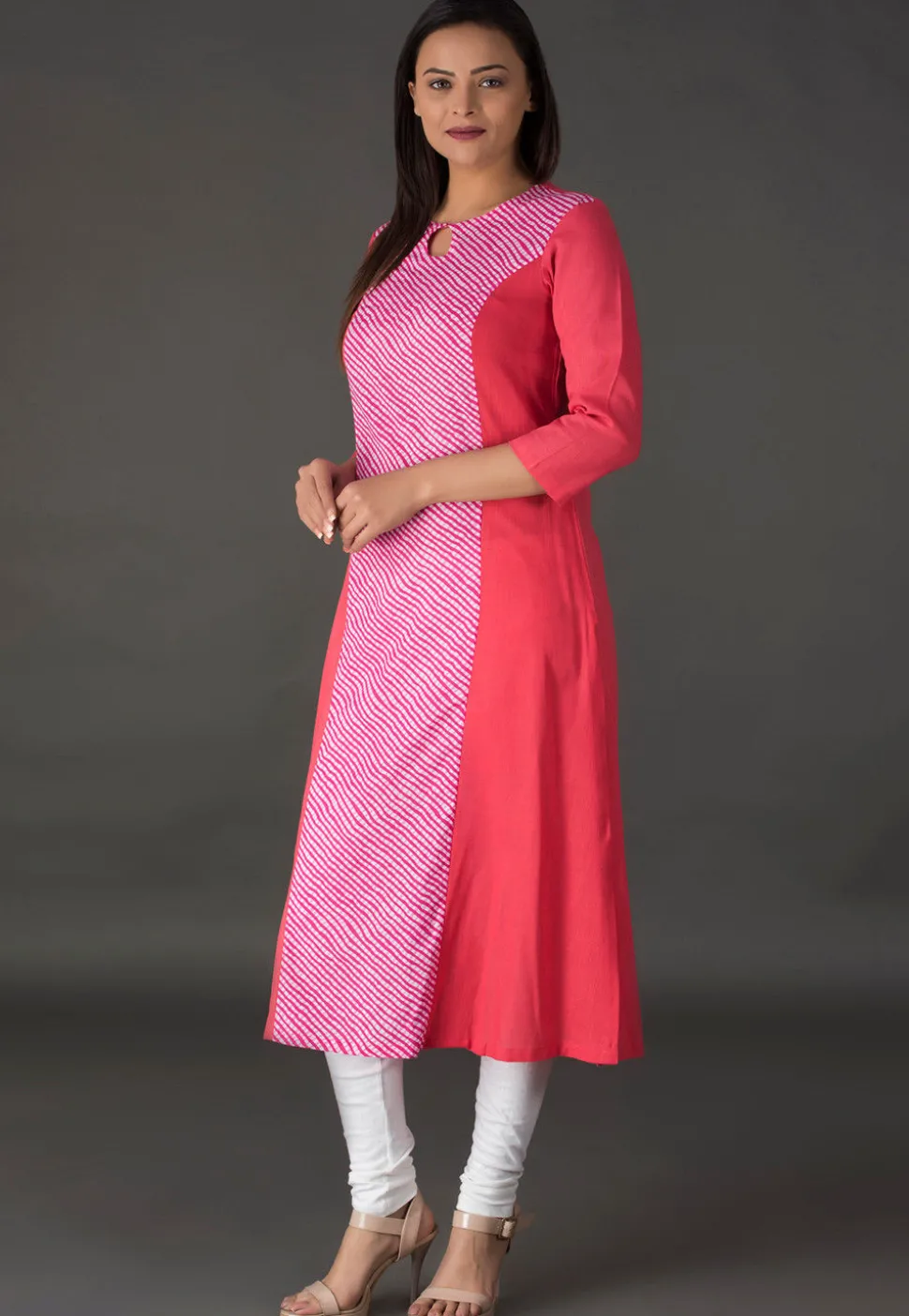 Leheriya Printed Cotton Long Kurta in Pink and Peach