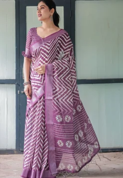 Leheriya Printed Cotton Saree in Purple