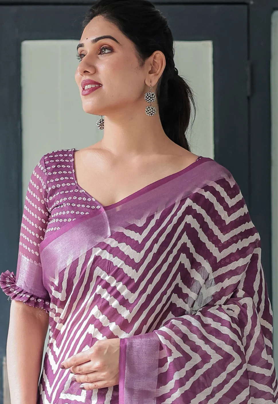 Leheriya Printed Cotton Saree in Purple