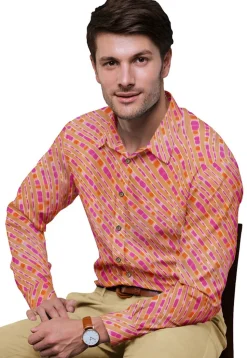 Leheriya Printed Cotton Shirt in Pink and Orange