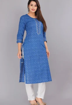Leheriya Printed Cotton Straight Kurti in Blue