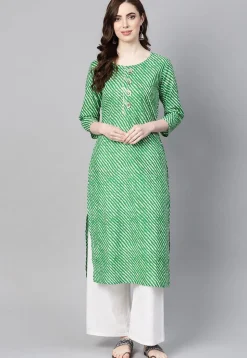 Leheriya Printed Cotton Straight Kurta in Green