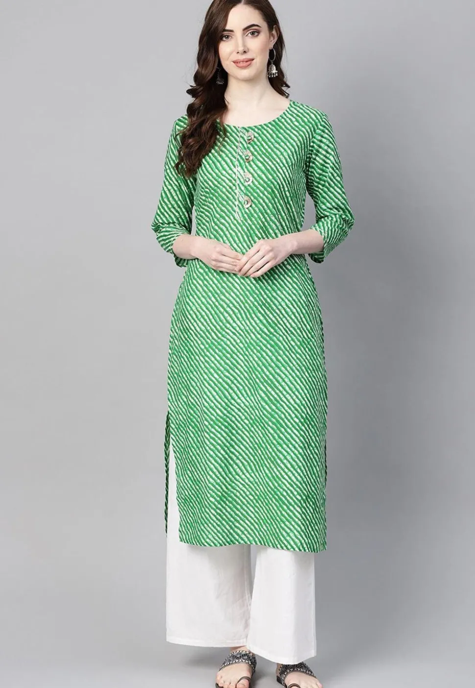 Leheriya Printed Cotton Straight Kurta in Green