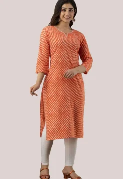Leheriya Printed Cotton Straight Cut Kurti in Orange