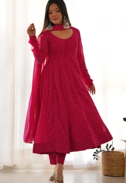 Leheriya Printed Georgette Anarkali Suit in Fuchsia