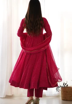 Leheriya Printed Georgette Anarkali Suit in Fuchsia