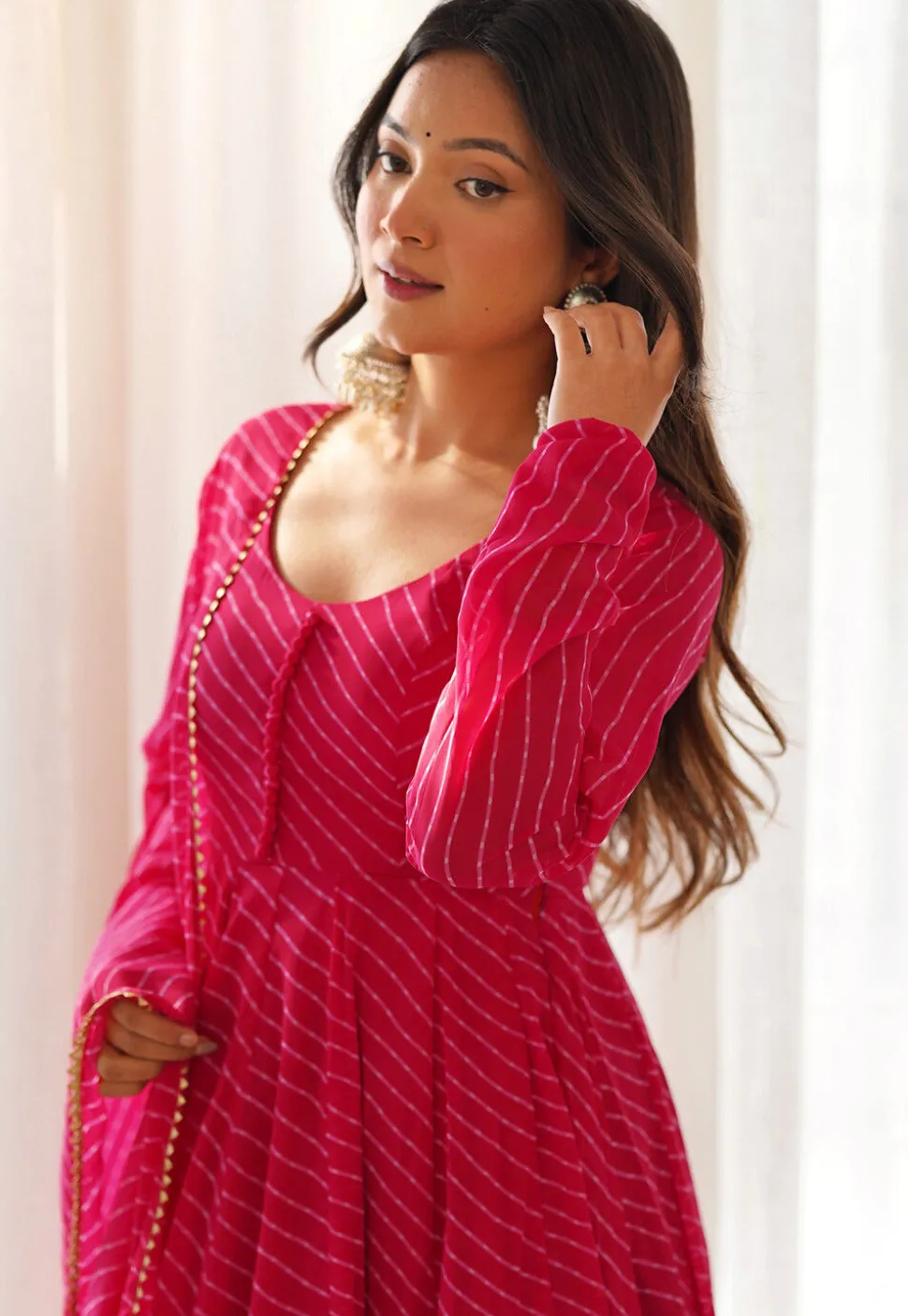Leheriya Printed Georgette Anarkali Suit in Fuchsia