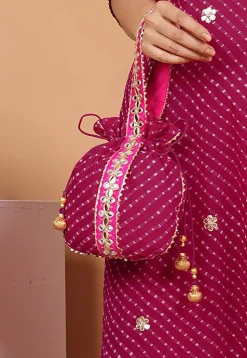 Leheriya Printed Georgette Potli Bag in Fuchsia