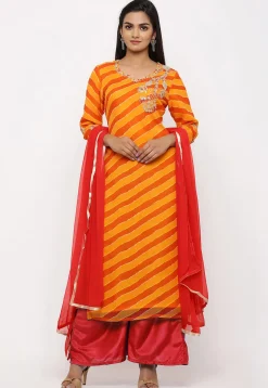 Leheriya Printed Georgette Pakistani Suit in Yellow and Orange