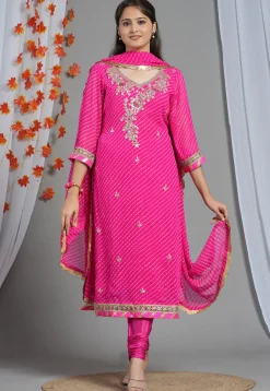 Leheriya Printed Georgette Straight Suit in Pink