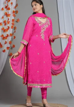 Leheriya Printed Georgette Straight Suit in Pink