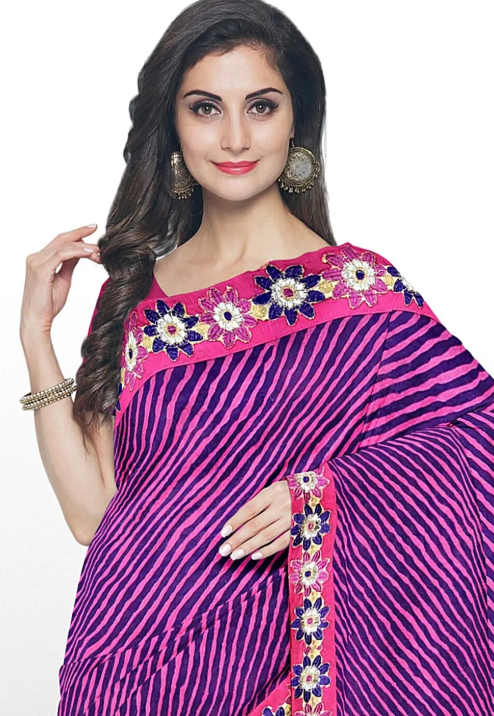 Leheriya Printed Georgette Saree in Pink and Purple