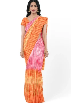 Leheriya Printed Georgette Saree in Orange and Coral Pink