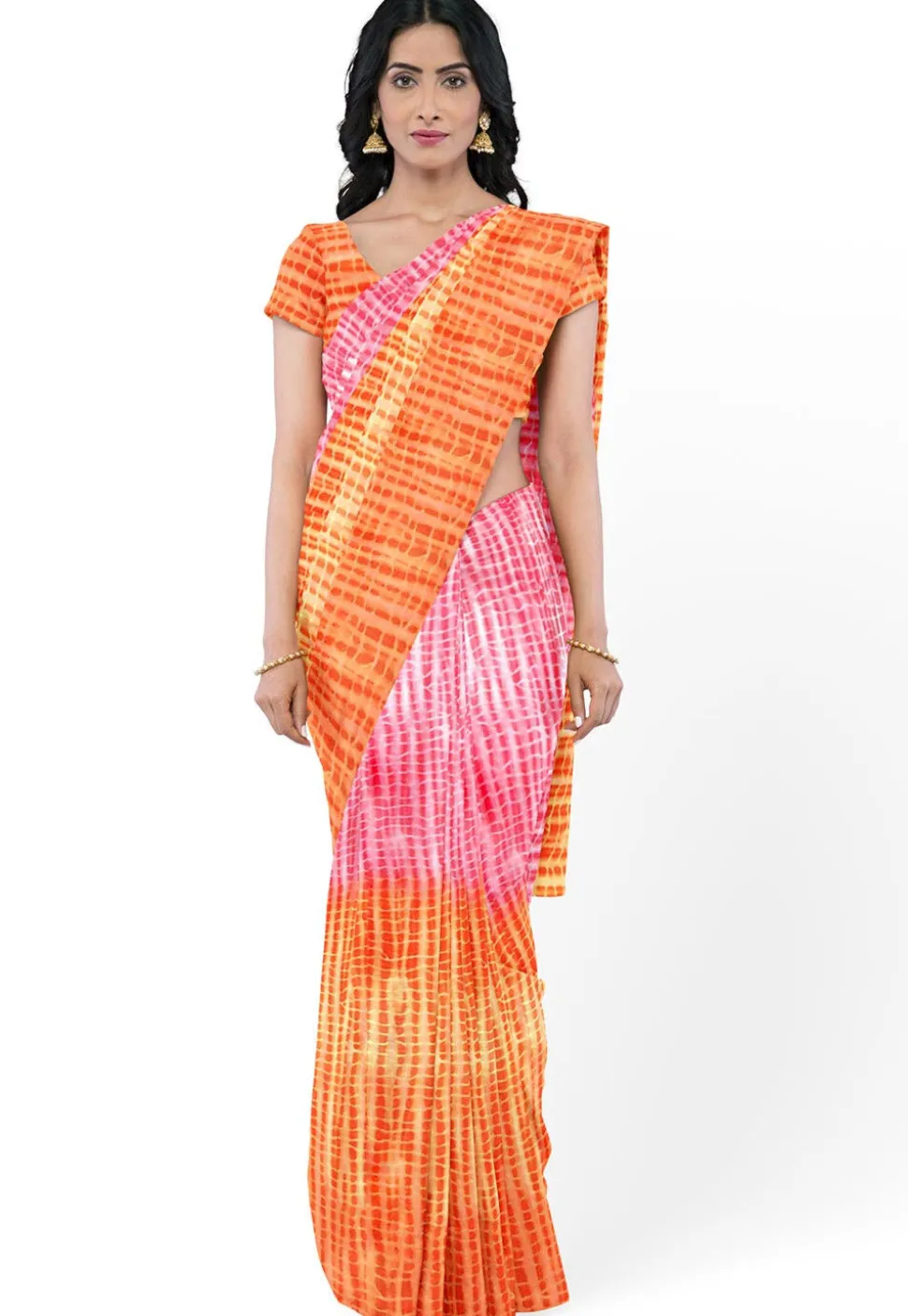 Leheriya Printed Georgette Saree in Orange and Coral Pink
