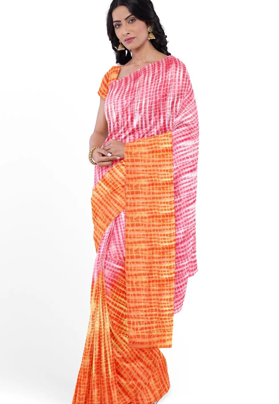 Leheriya Printed Georgette Saree in Orange and Coral Pink