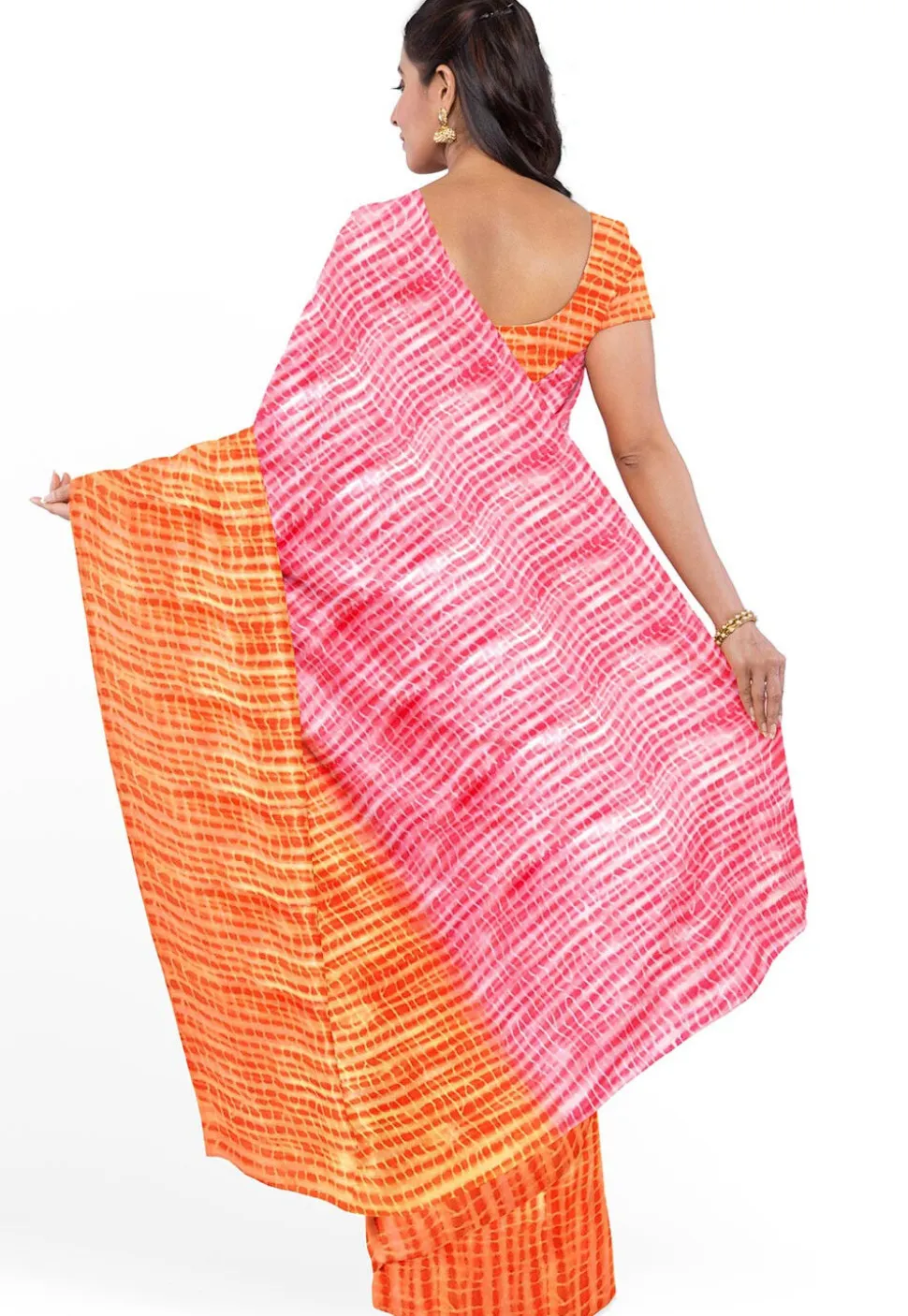 Leheriya Printed Georgette Saree in Orange and Coral Pink