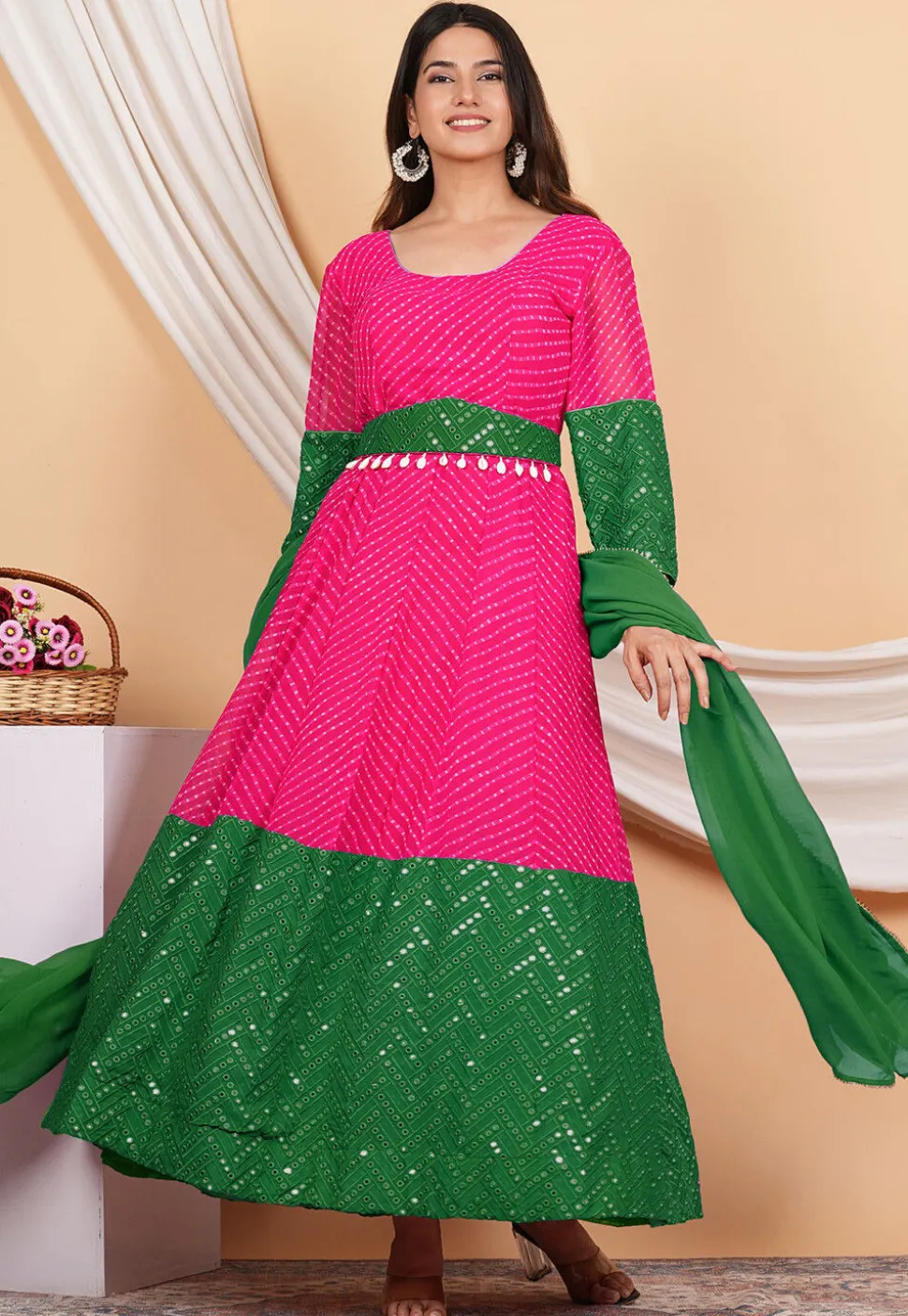 Leheriya Printed Georgette Anarkali Suit in Pink and Green
