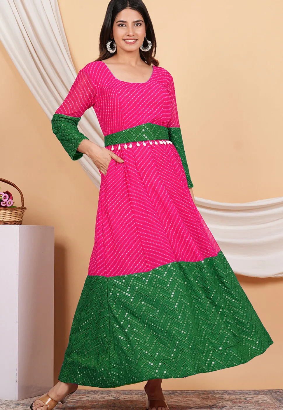 Leheriya Printed Georgette Anarkali Suit in Pink and Green