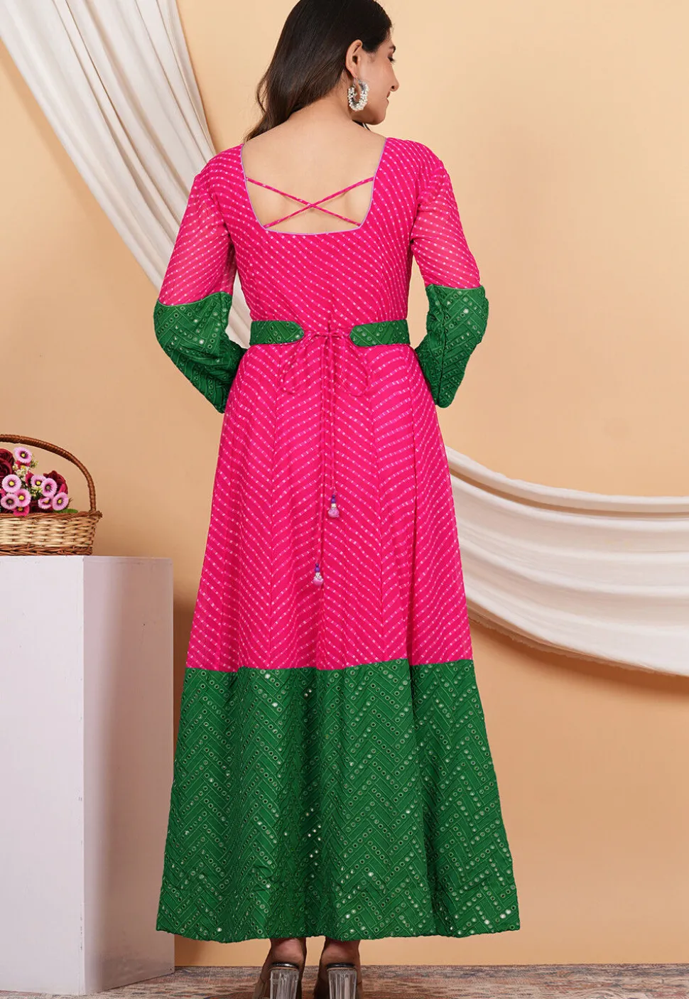 Leheriya Printed Georgette Anarkali Suit in Pink and Green