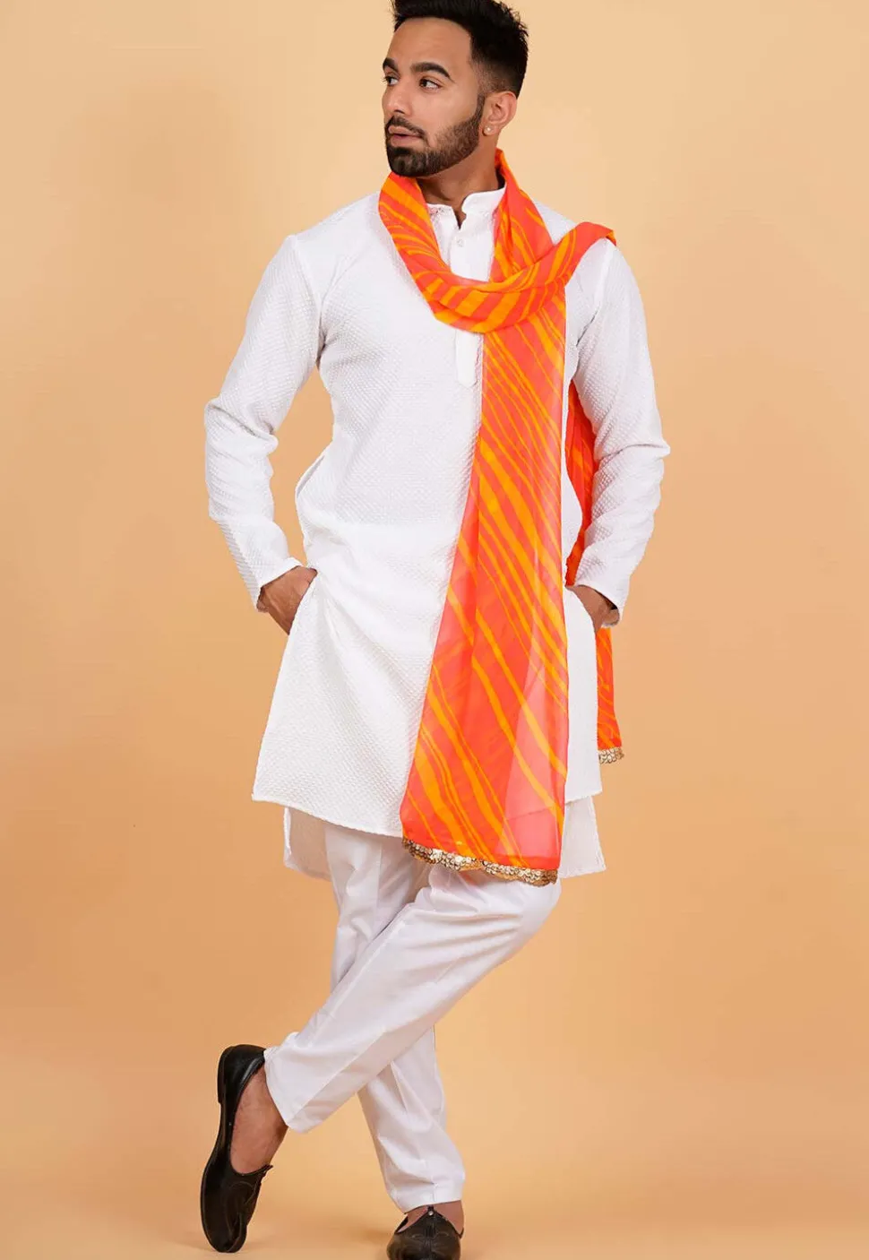 Leheriya Printed Georgette Men Dupatta in Orange