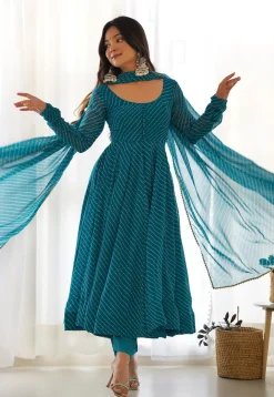 Leheriya Printed Georgette Anarkali Suit in Teal Blue