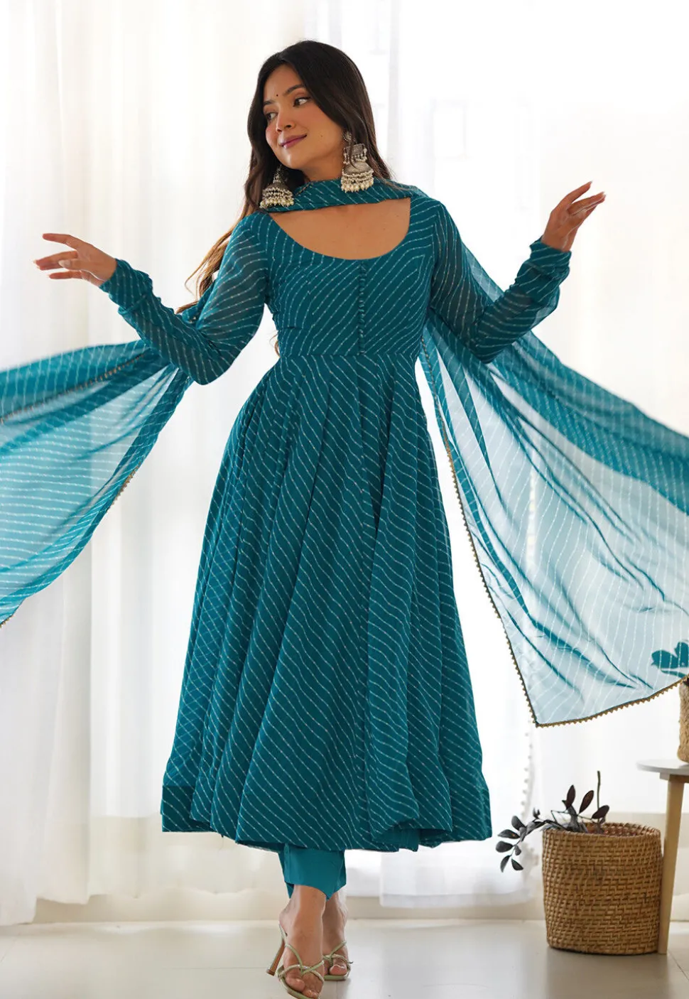 Leheriya Printed Georgette Anarkali Suit in Teal Blue