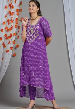 Leheriya Printed Georgette Asymmetric Kurta in Purple