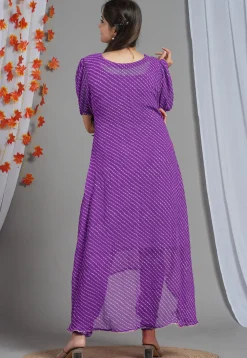 Leheriya Printed Georgette Asymmetric Kurta in Purple