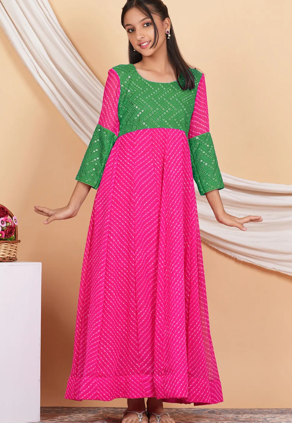 Leheriya Printed Georgette Long Kurta Set in Fuchsia and Green