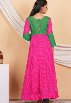 Leheriya Printed Georgette Long Kurta Set in Fuchsia and Green