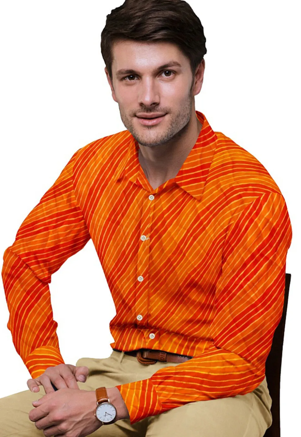 Leheriya Printed Georgette Shirt in Shaded Orange