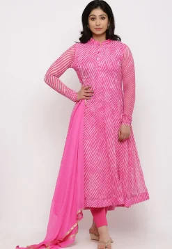 Leheriya Printed Georgette Anarkali Suit in Pink