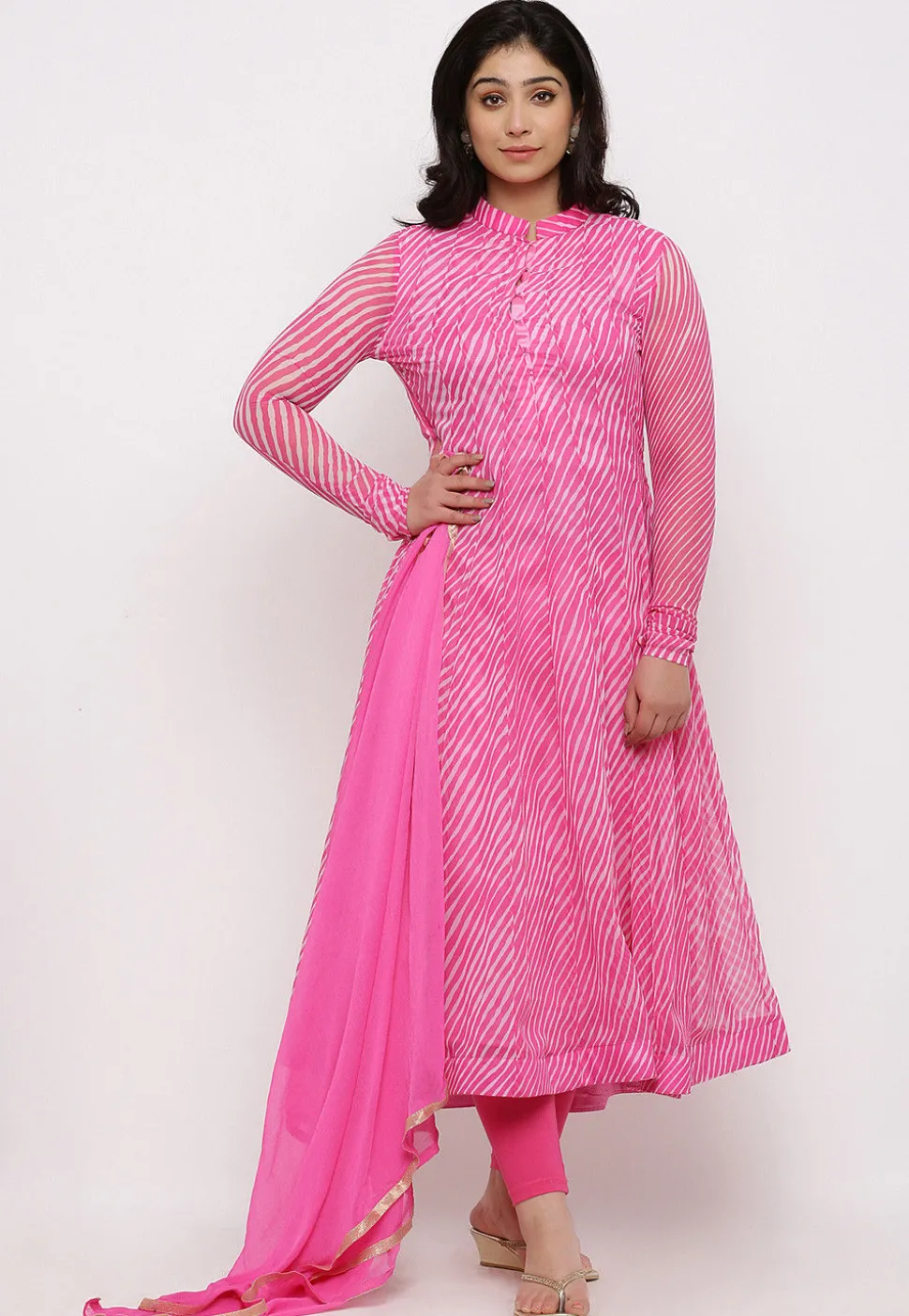 Leheriya Printed Georgette Anarkali Suit in Pink