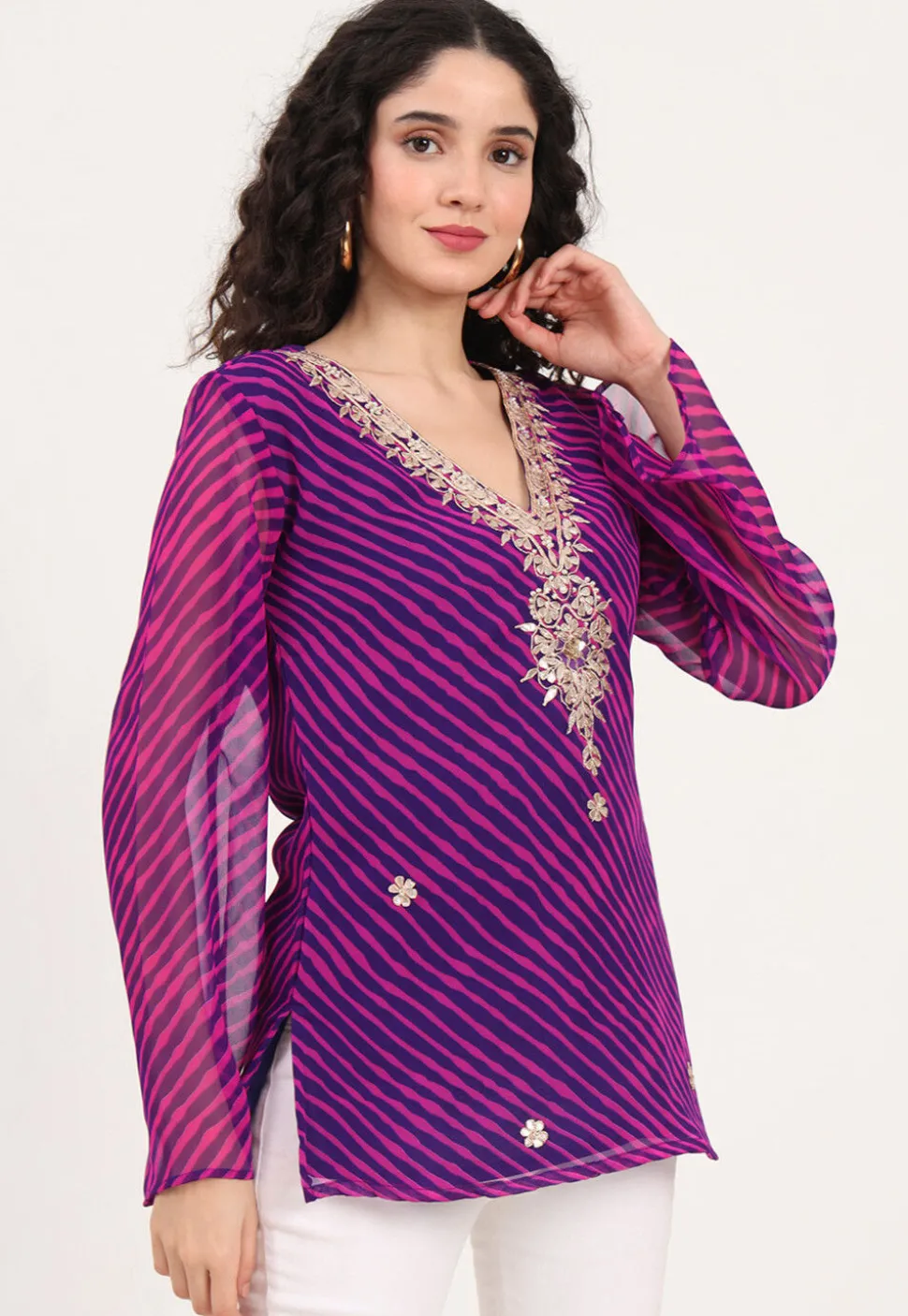 Leheriya Printed Georgette Kurti in Purple and Pink