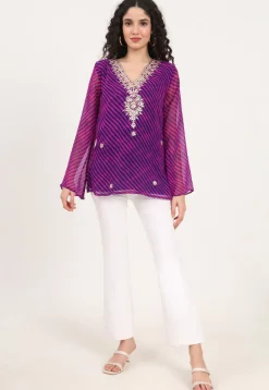 Leheriya Printed Georgette Kurti in Purple and Pink