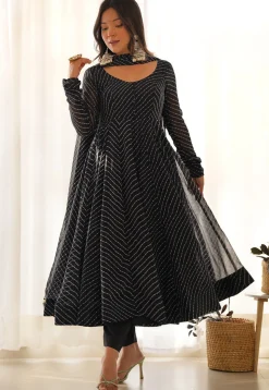 Leheriya Printed Georgette Anarkali Suit in Black