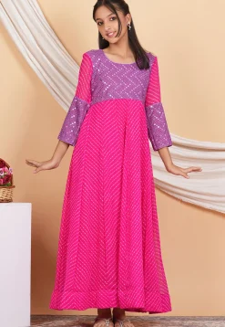 Leheriya Printed Georgette Anarkali Kurta Set in Fuchsia and Light Purple