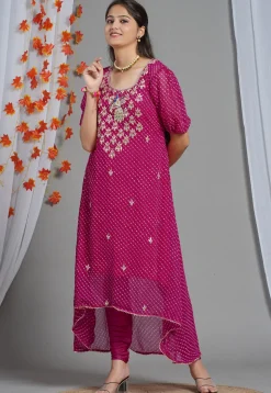 Leheriya Printed Georgette Asymmetric Kurta in Fuchsia