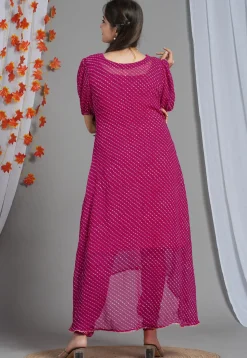 Leheriya Printed Georgette Asymmetric Kurta in Fuchsia