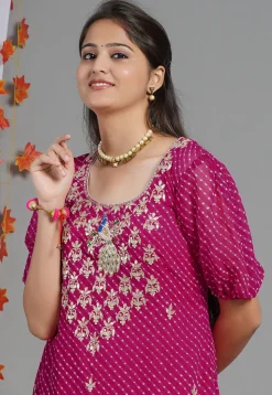 Leheriya Printed Georgette Asymmetric Kurta in Fuchsia