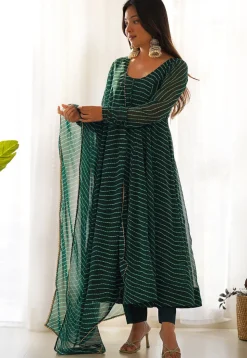 Leheriya Printed Georgette Anarkali Suit in Dark Green