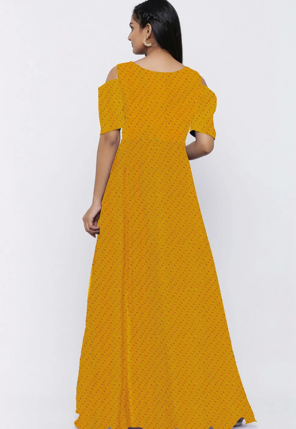 Leheriya Printed Georgette Flared Gown in Yellow