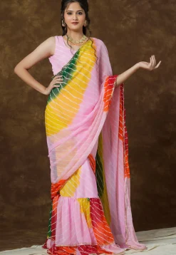 Leheriya Printed Georgette Saree Style Gown in Multicolor