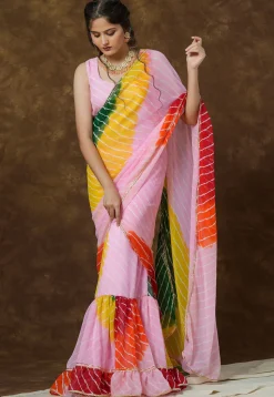 Leheriya Printed Georgette Saree Style Gown in Multicolor