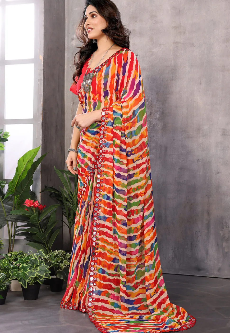 Leheriya Printed Georgette Saree in Multicolor